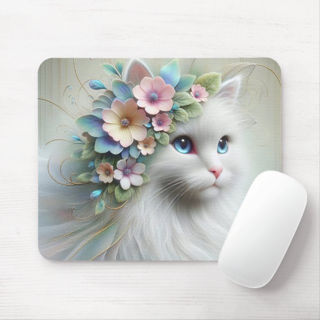 Persian Cat With Floral Laurel Mouse Pad (With Mouse)