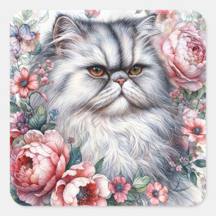 Persian Cat with Pink Floral Frame Square Sticker