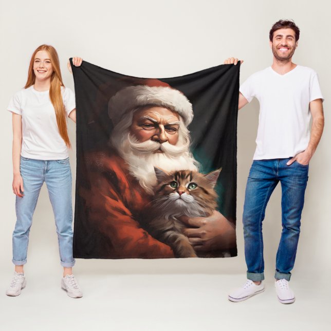 Persian Cat With Santa Claus Festive Christmas  Fleece Blanket (In Situ)