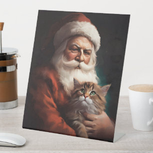 Persian Cat With Santa Claus Festive Christmas Pedestal Sign
