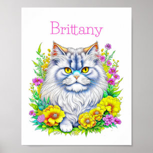 Persian Cat Yellow and Pink Flowers Personalised Poster