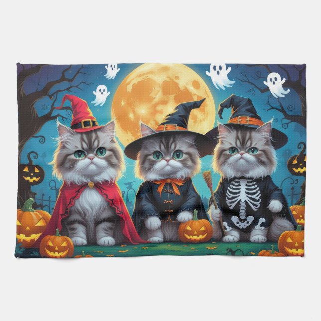 Persian Cats Pumpkin Halloween Funny Tea Towel (Horizontal)