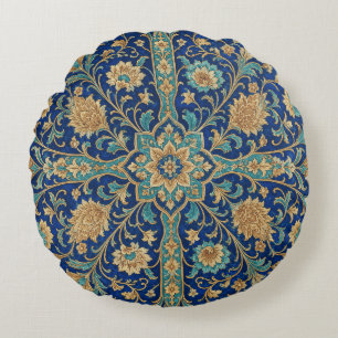 Persian Floral Arabesque Pattern Royal Blue  Round Cushion