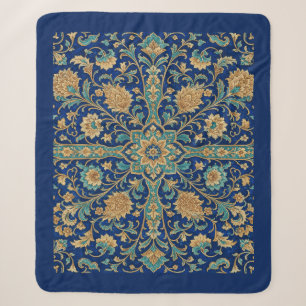 Persian Floral Arabesque Pattern Royal Blue Sherpa Blanket