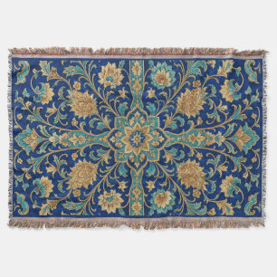 Persian Floral Arabesque Pattern Royal Blue Throw Blanket