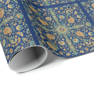 Persian Floral Arabesque Pattern Royal Blue Wrapping Paper