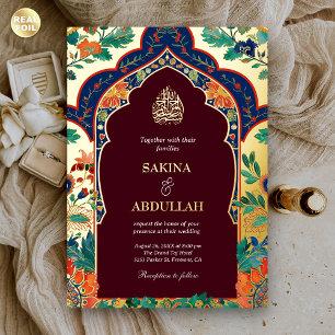 Persian Floral Inlay Burgundy Muslim Wedding Gold