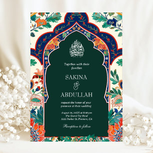 Persian Floral Inlay Emerald Green Muslim Wedding Invitation