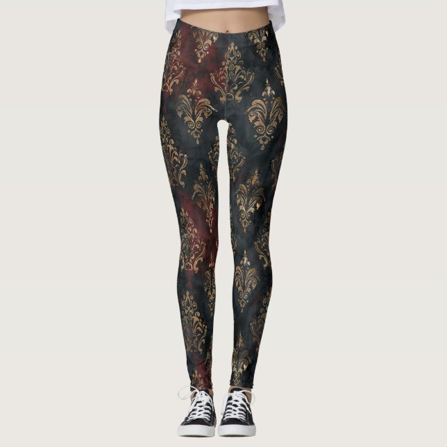 Persian Gold Damask Noir Pattern (2) Leggings (Front)