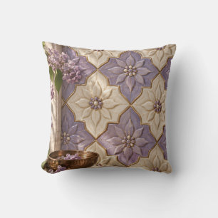 Persian Inspired Lilac Ivory Floral Tile Pattern Cushion