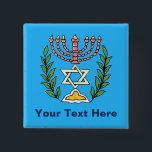 Persian Magen David Menorah 15 Cm Square Badge<br><div class="desc">This image was adapted from an antique Persian Jewish tile and features a menorah with a Magen David (Star of David) framed by olive branches.  The imperfections of the original,  hand-painted image have been preserved.</div>