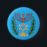Persian Magen David Menorah 6 Cm Round Badge<br><div class="desc">This image was adapted from an antique Persian Jewish tile and features a menorah with a Magen David (Star of David) framed by olive branches.  The imperfections of the original,  hand-painted image have been preserved.</div>