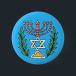 Persian Magen David Menorah 6 Cm Round Badge<br><div class="desc">This image was adapted from an antique Persian Jewish tile and features a menorah with a Magen David (Star of David) framed by olive branches.  The imperfections of the original,  hand-painted image have been preserved.</div>
