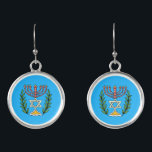 Persian Magen David Menorah Earrings<br><div class="desc">This image was adapted from an antique Persian Jewish tile and features a menorah with a Magen David (Star of David) framed by olive branches.  The imperfections of the original,  hand-painted image have been preserved. Add your own text and you may change the background colour.</div>