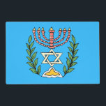 Persian Magen David Menorah Placemat<br><div class="desc">This image was adapted from an antique Persian Jewish tile and features a menorah with a Magen David (Star of David) framed by olive branches.  The imperfections of the original,  hand-painted image have been preserved. Add your own text on the reverse side.</div>