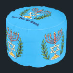 Persian Magen David Menorah Pouf<br><div class="desc">This image was adapted from an antique Persian Jewish tile and features a menorah with a Magen David (Star of David) framed by olive branches.  The imperfections of the original,  hand-painted image have been preserved. Add your own text on the top.</div>