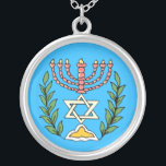 Persian Magen David Menorah Silver Plated Necklace<br><div class="desc">This image was adapted from an antique Persian Jewish tile and features a menorah with a Magen David (Star of David) framed by olive branches.  The imperfections of the original,  hand-painted image have been preserved.</div>