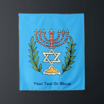 Persian Magen David Menorah Tapestry<br><div class="desc">This image was adapted from an antique Persian Jewish tile and features a menorah with a Magen David (Star of David) framed by olive branches.  The imperfections of the original,  hand-painted image have been preserved. Add your own text to customise.</div>