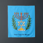 Persian Magen David Menorah Tapestry<br><div class="desc">This image was adapted from an antique Persian Jewish tile and features a menorah with a Magen David (Star of David) framed by olive branches.  The imperfections of the original,  hand-painted image have been preserved. Add your own text to customise.</div>