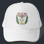 Persian Magen David Menorah Trucker Hat<br><div class="desc">This image was adapted from an antique Persian Jewish tile and features a menorah with a Magen David (Star of David) framed by olive branches.  The imperfections of the original,  hand-painted image have been preserved.</div>