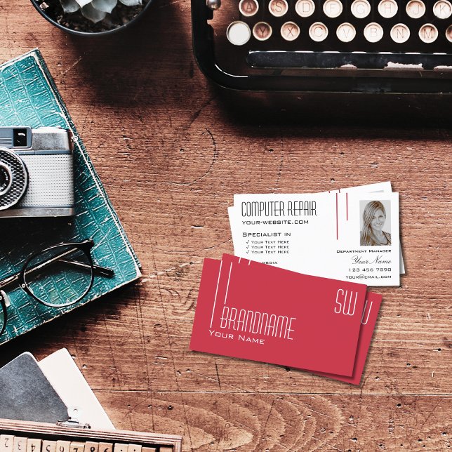 Persian Red White with Monogram and Photo Stylish Business Card (Creator Uploaded)