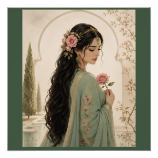 Persian Rose Lady Poster | Elegant Emerald Portrai