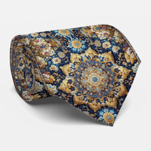 Persian Rug Mandala Cobalt Blue Gold Faux Silk Tie