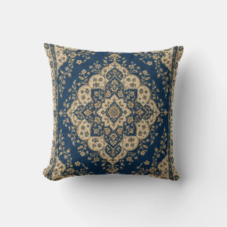 Persian Rug Navy Gold Medallion Throw Pillow