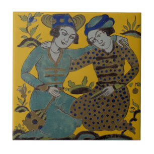 Persian Saffron Yellow Two Friends Antique Repro Ceramic Tile
