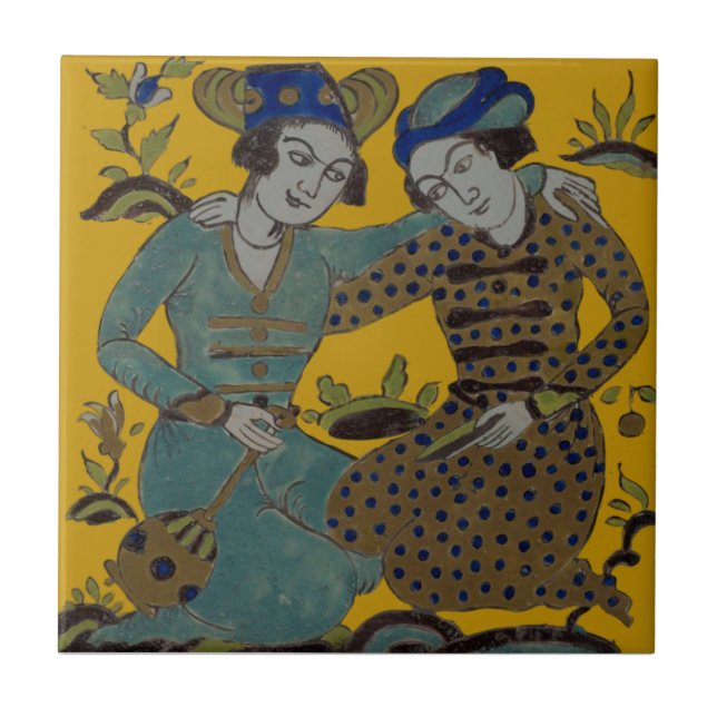 Persian Saffron Yellow Two Friends Antique Repro Ceramic Tile (Front)
