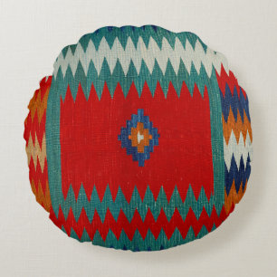 Persian Safreh I Chevron Teal Blue Desert Round Cushion