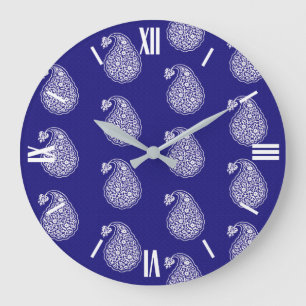 Persian tile paisley - white on indigo blue large clock