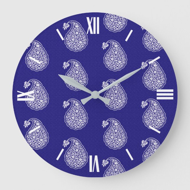 Persian tile paisley - white on indigo blue large clock (Front)