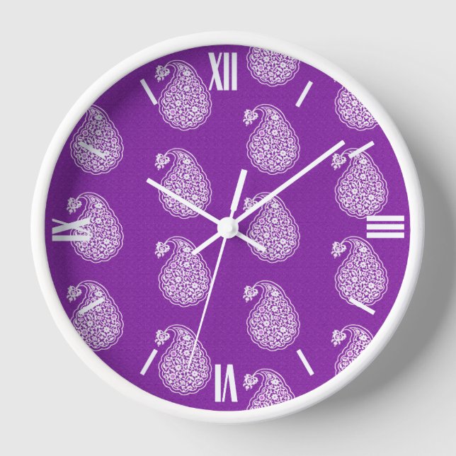 Persian tile paisley - white on purple wall clock (Front)