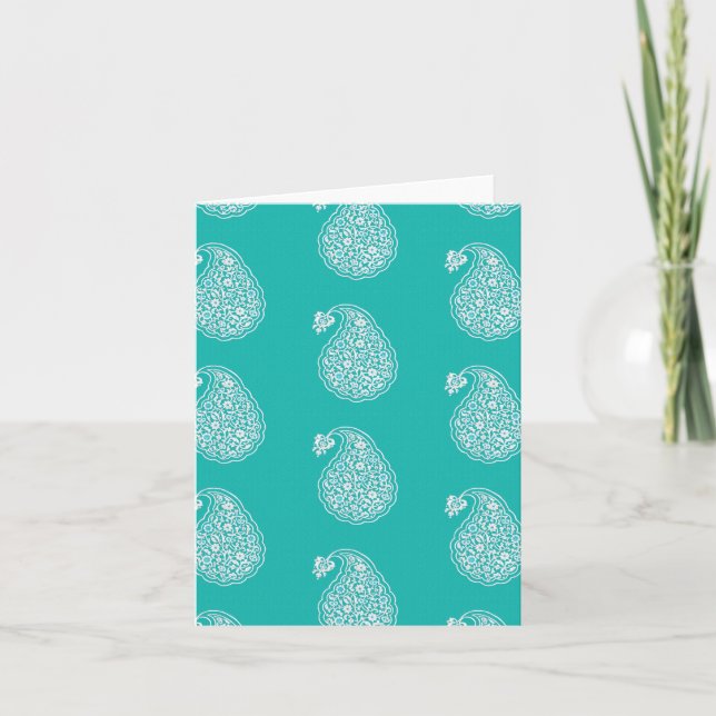 Persian tile paisley - white on turquoise holiday card (Front)