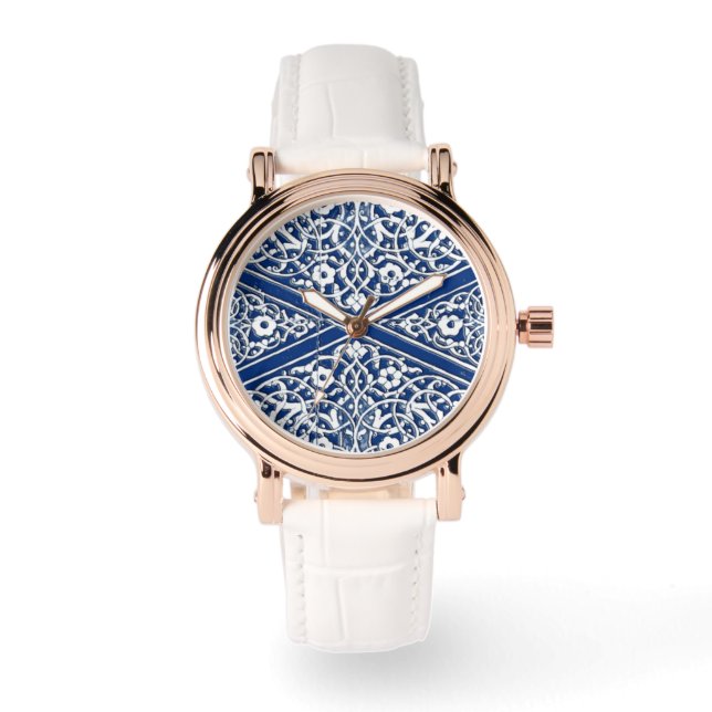 Persian tile pattern - cobalt blue and white watch (Front)