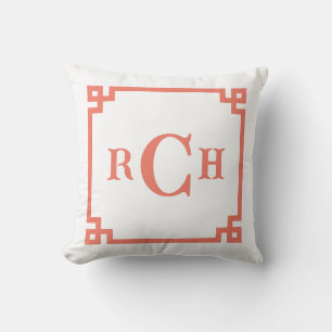 Persimmon Coral Chinoiserie Greek Key Monogram Cushion