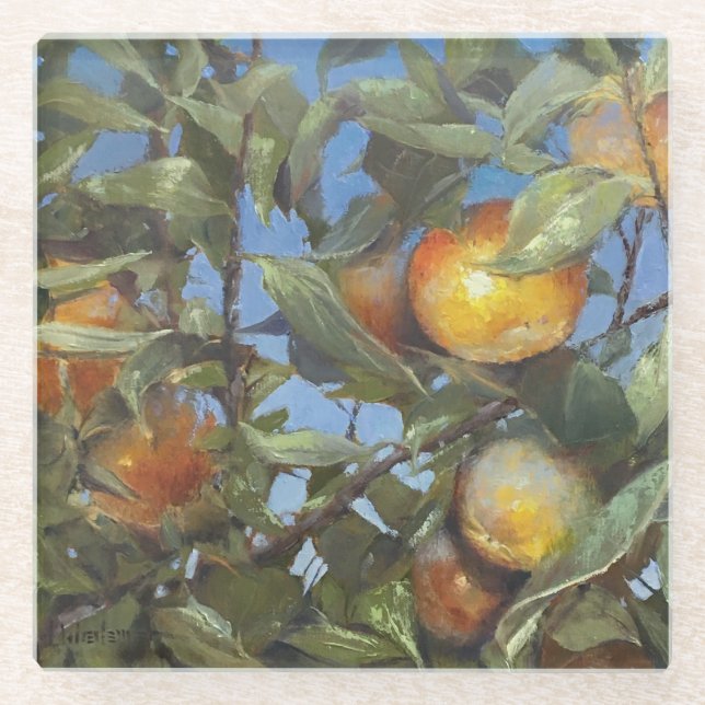 Persimmon Fruit Tree Beautiful Original Artwork Glass Coaster (Front)