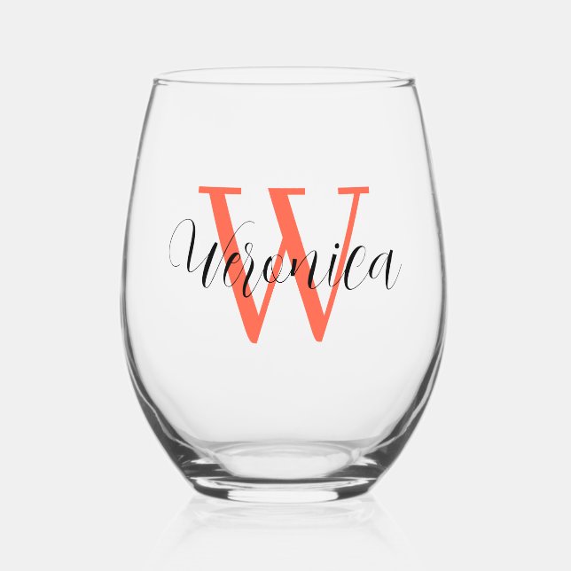Persimmon Initial and Black Name | Elegant Stemless Wine Glass (Front)