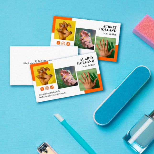 Persimmon Modern 3 Photos Social Media Nail Artist Business Card (Creator Uploaded)