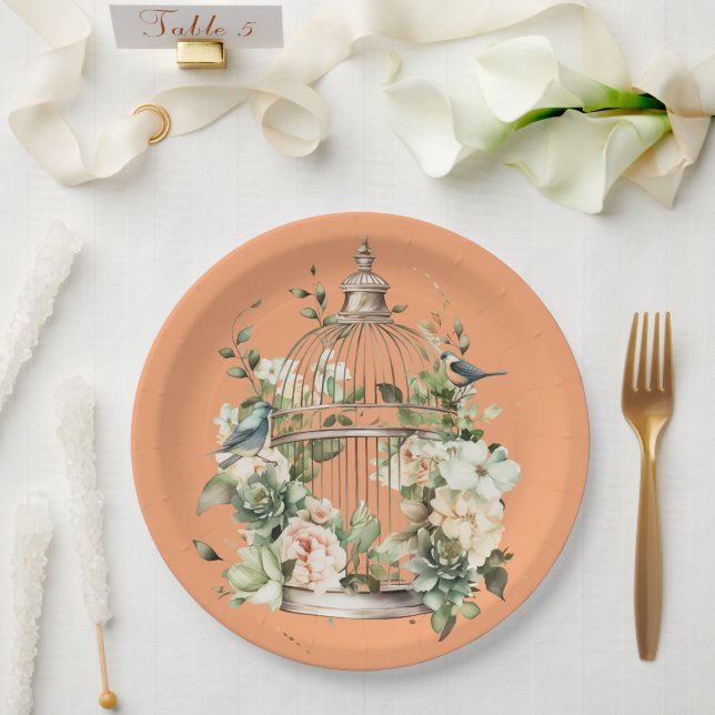 Persimmon Orange White Green Gold Shower Paper Plate (Wedding)