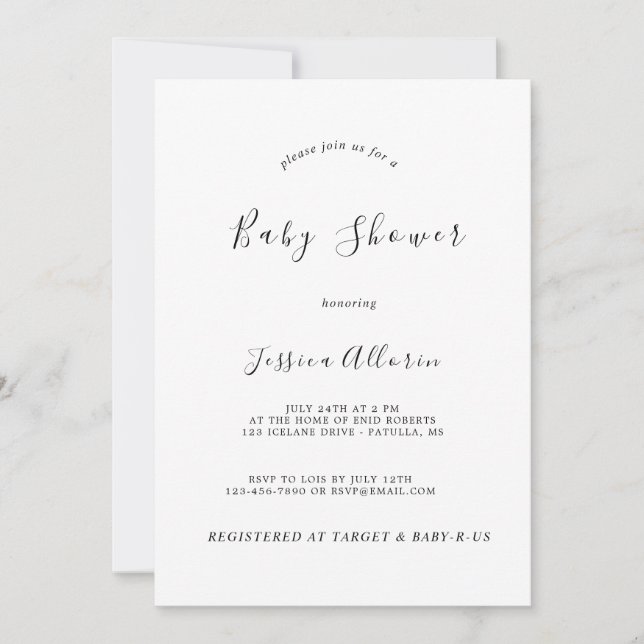 Persoanalized Modern Minimalist B&W Baby Shower Invitation (Front)