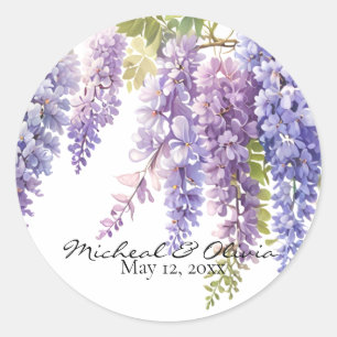 Persoanlize purple watercolor wisteria floral classic round sticker