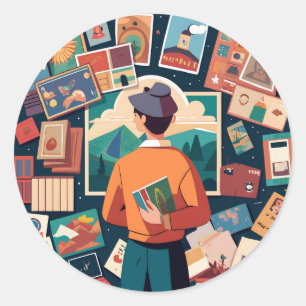 person-admiring-a-collection-of-vintage-postca classic round sticker