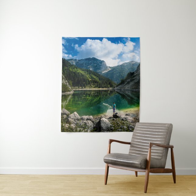 Person at mountain lake tapestry (In Situ)