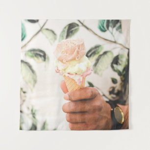Person holding ice cream cone with three flavors o tapestry