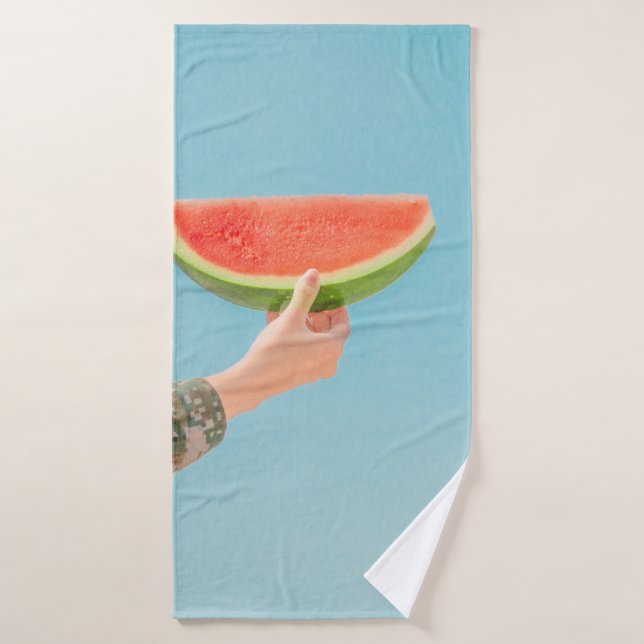 Person holding sliced watermelon bath towel (Bath Towel)