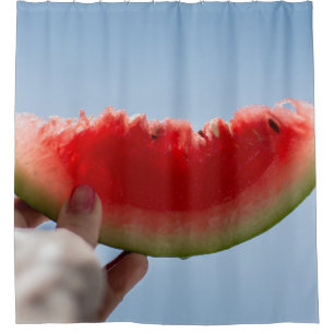 Person holding sliced watermelon shower curtain