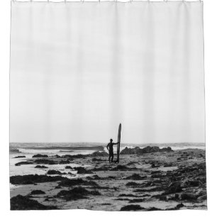 PERSON HOLDING SURFBOARD NEAR BODY OF WATER SHOWER CURTAIN