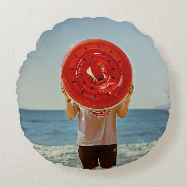 Person holding watermelon-themed inflatable ring round cushion (Front)